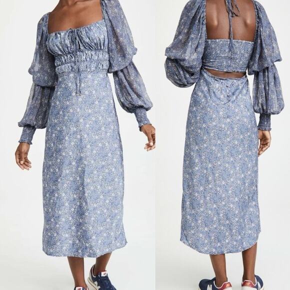 Free People Blue Aglow Midi Dress XS NWT Puff Sleeves cottagecore Boho - Picture 1 of 11